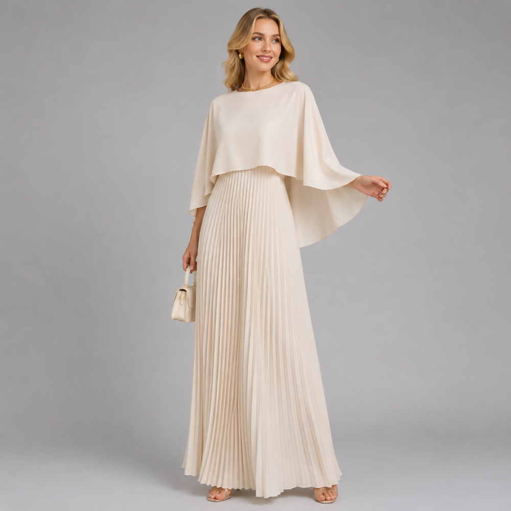 Adriana | Women's Wedding Guest Pleated Cape Maxi Dress