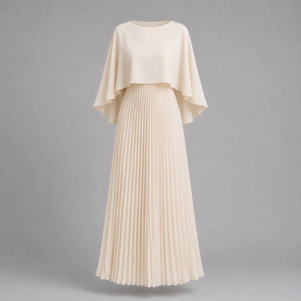 Adriana | Women's Wedding Guest Pleated Cape Maxi Dress