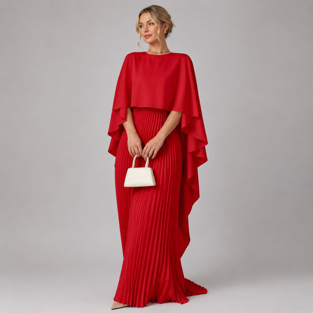 Adriana | Women's Wedding Guest Pleated Cape Maxi Dress