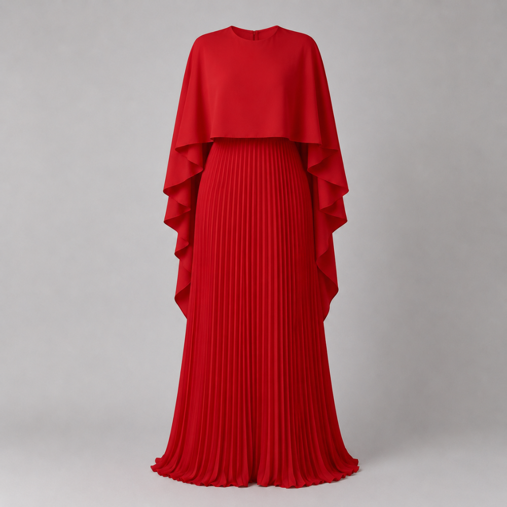 Adriana | Women's Wedding Guest Pleated Cape Maxi Dress