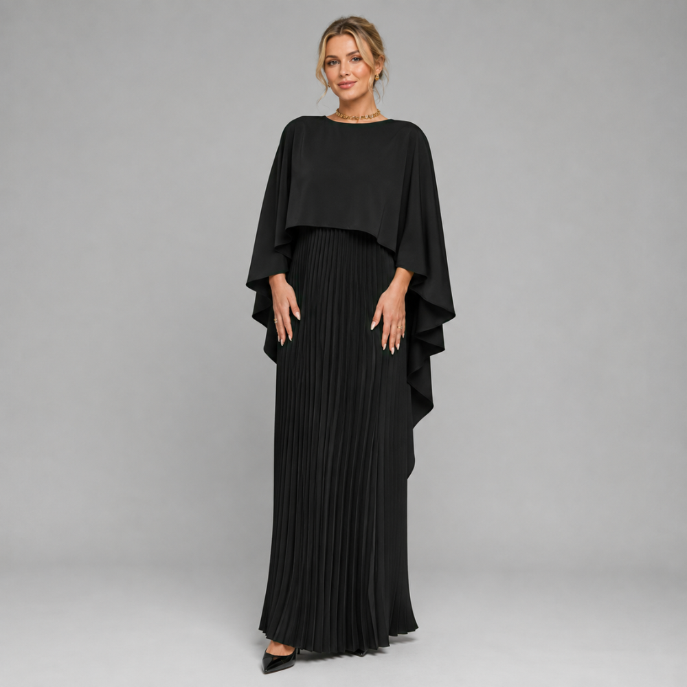 Adriana | Women's Wedding Guest Pleated Cape Maxi Dress