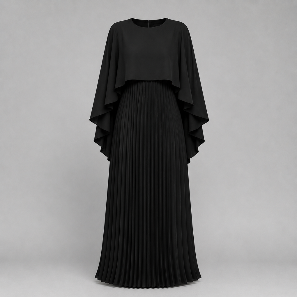 Adriana | Women's Wedding Guest Pleated Cape Maxi Dress
