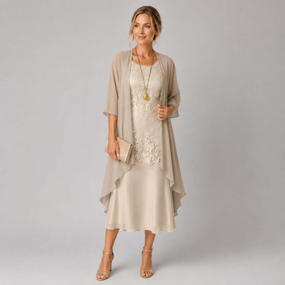 Amelia | Women's Wedding Guest Flowing Sheer Sleeve Midi Dress