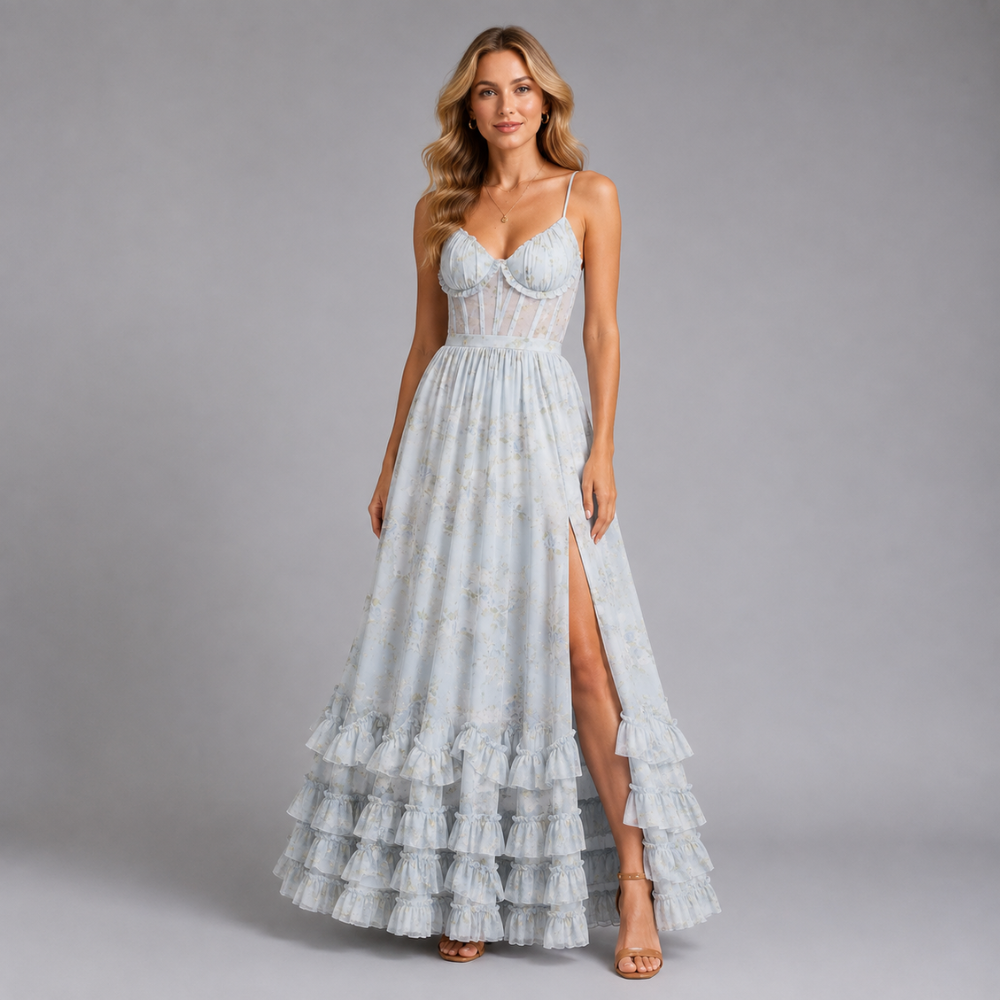 Juliette | Women's Floral Corset Ruffle Maxi Fall Wedding Guest Dress