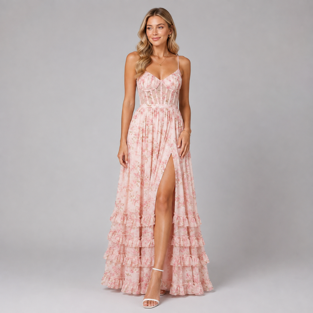Juliette | Women's Floral Corset Ruffle Maxi Fall Wedding Guest Dress
