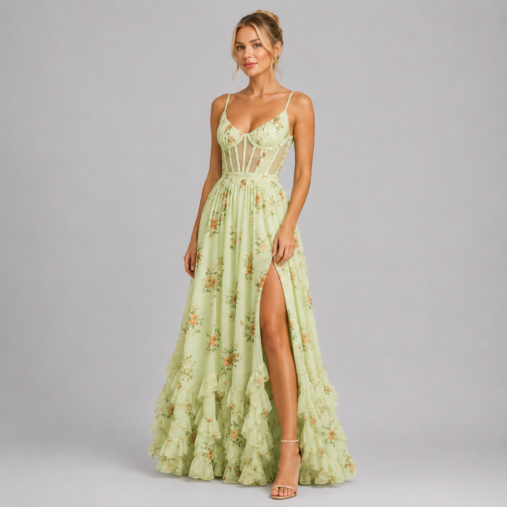 Juliette | Women's Floral Corset Ruffle Maxi Fall Wedding Guest Dress
